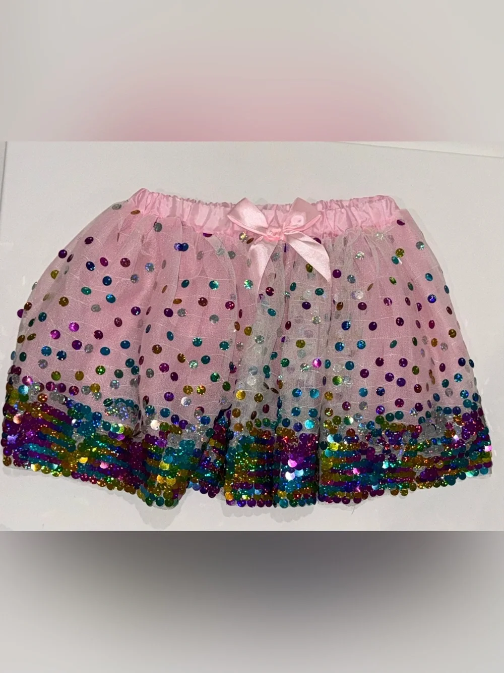 Pink Sequin Tulle Skirt with Rainbow Accents for Kids